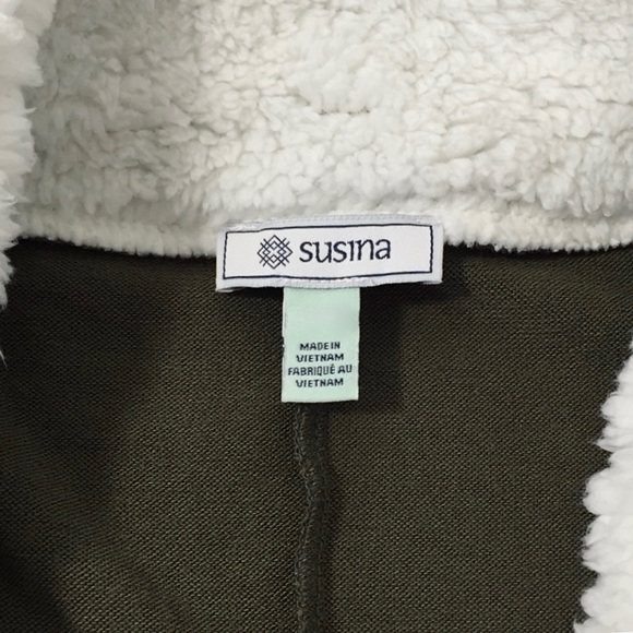 SUSINA Olive Green Faux Fur Trimmed Shawl Collar Draped Open Front Cardigan - Picture 11 of 12